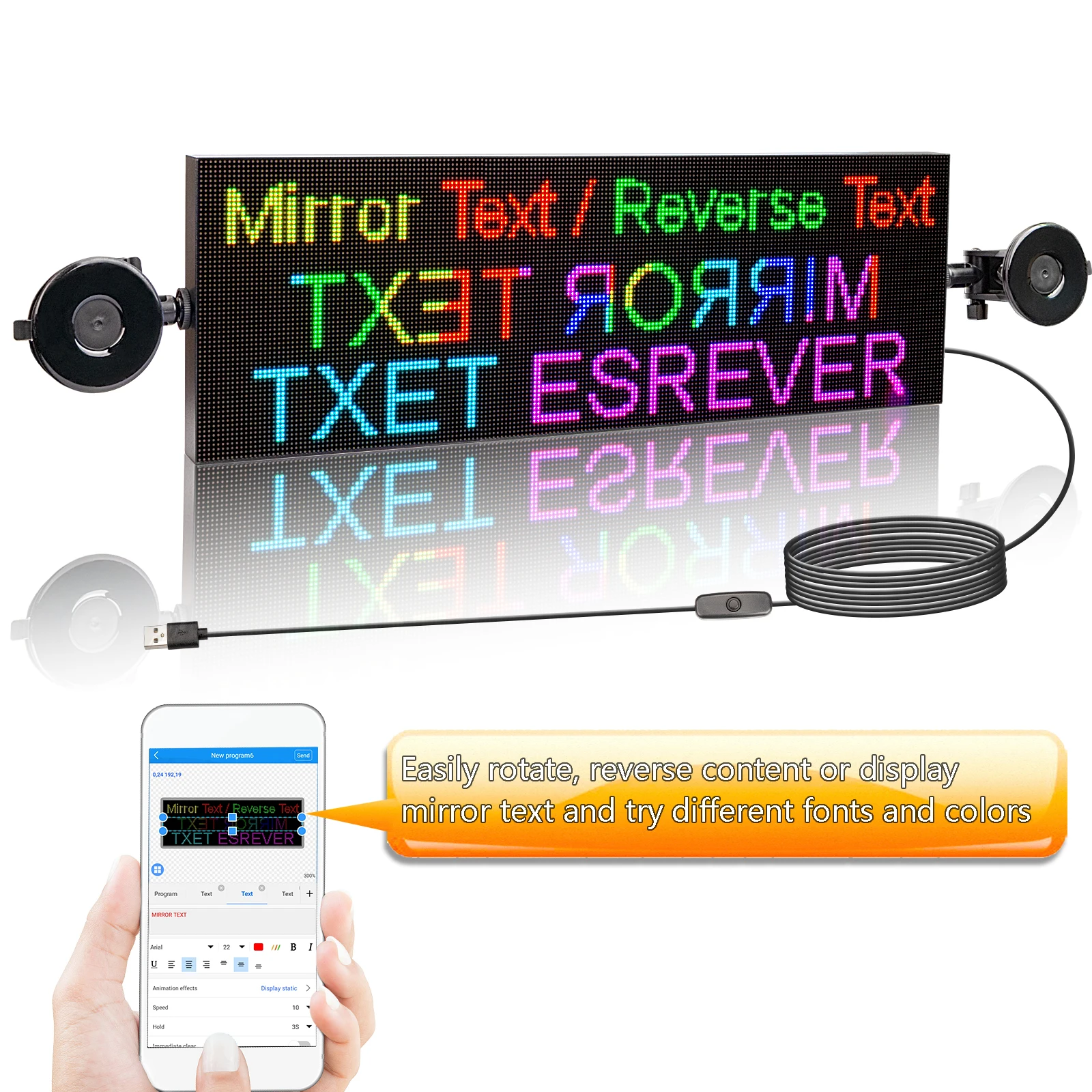 48cm HD Full Color LED Display Board Wifi Programmable Message Sign Supports Text Animation Images for Car, Store, Taxi