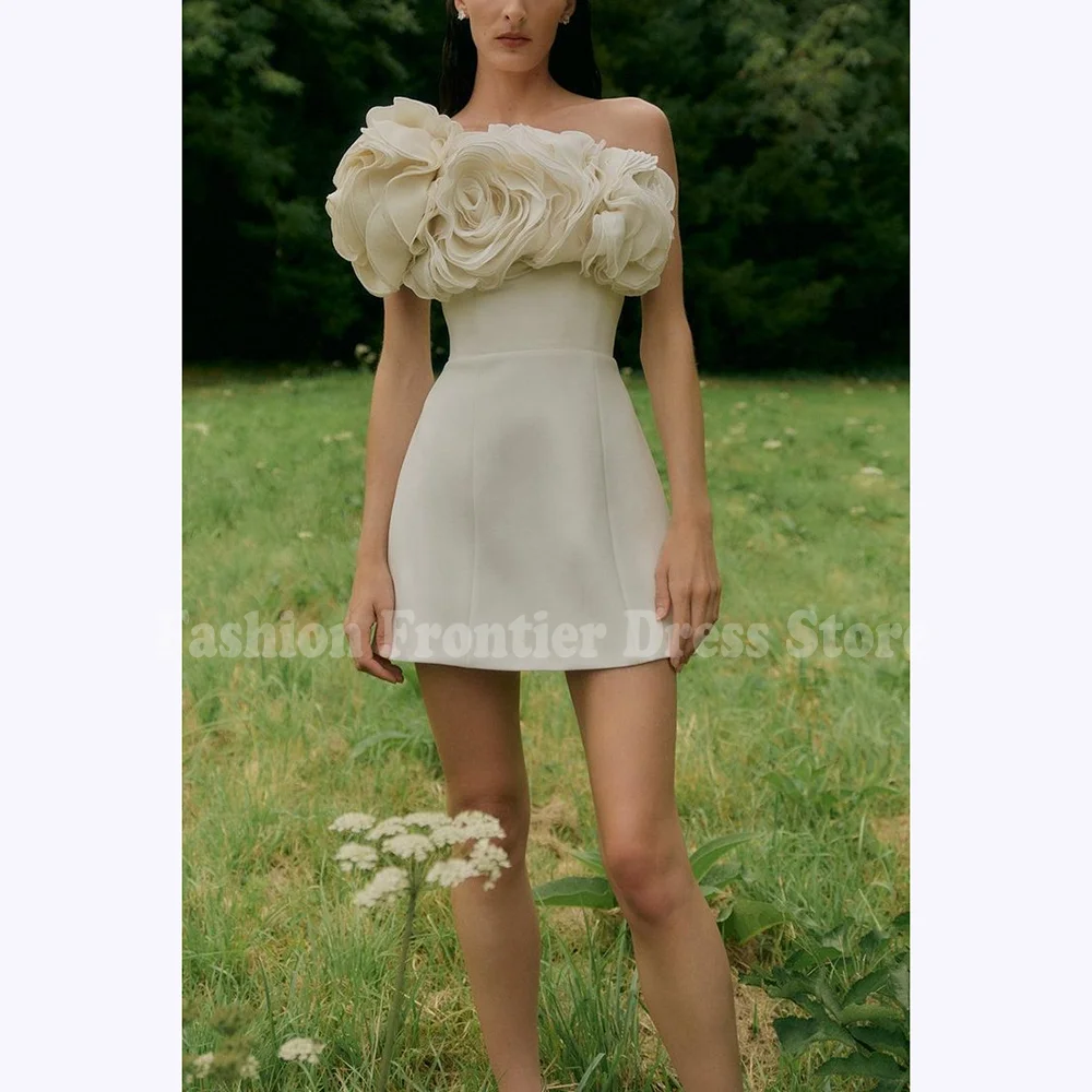 

Elegant Satin Prom Dresses Pleats Flowers Strapless Sleeveless Mini Dress Special Occasions Formal Evening Party Gown Handmade