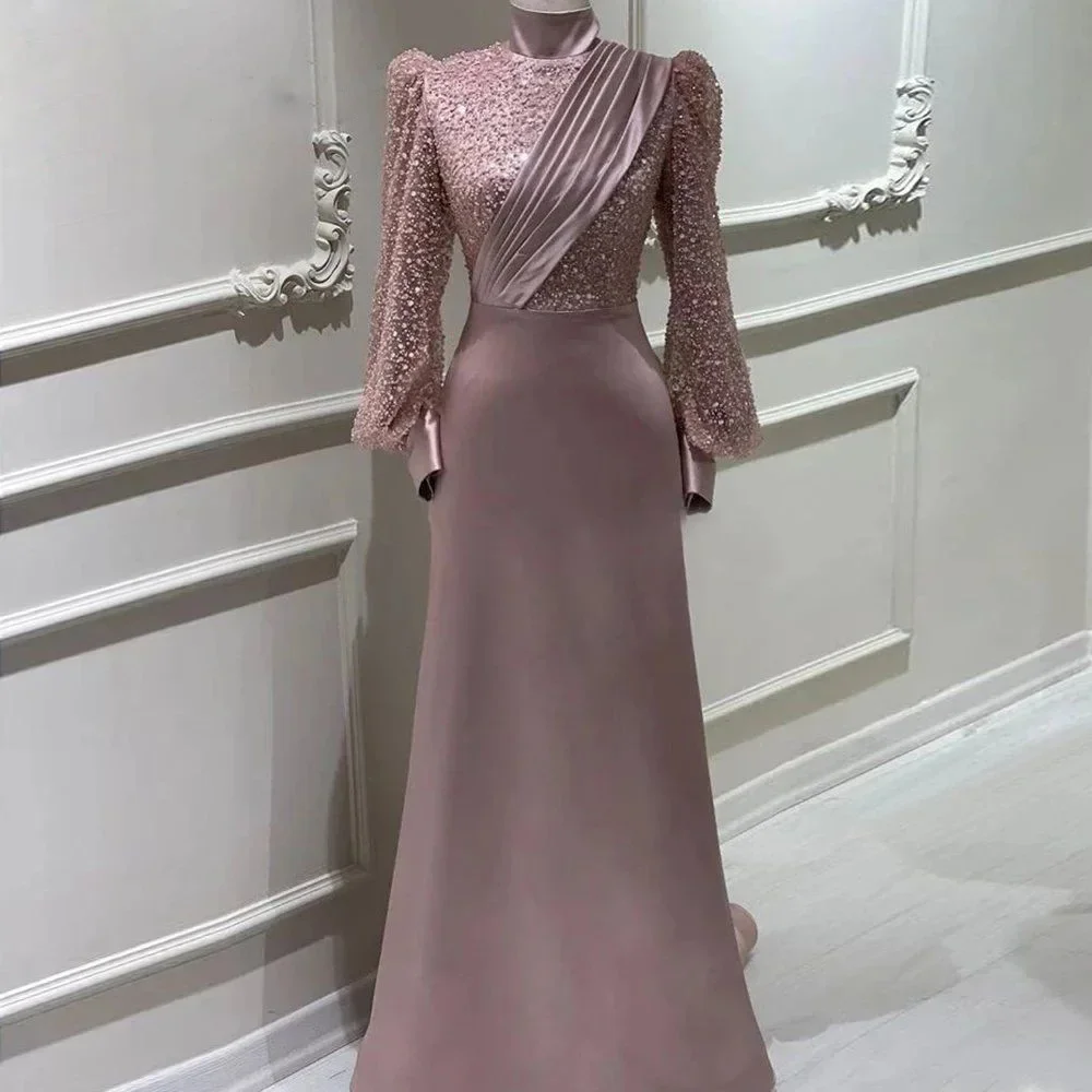 

New Women's Formal Evening Dress High End Pink Saudi Arabia Style Long Dresses Luxury Muslim Clothing