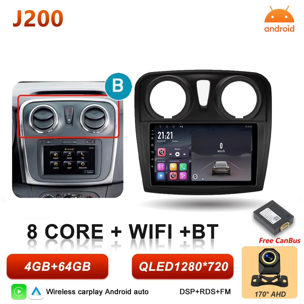 Android 16 Auto Autoradio voor Renault Logan Sandero 2 2012 - 2019 Draadloze Carplay Multimedia Speler GPS Navigatie DSP 5G Wifi
