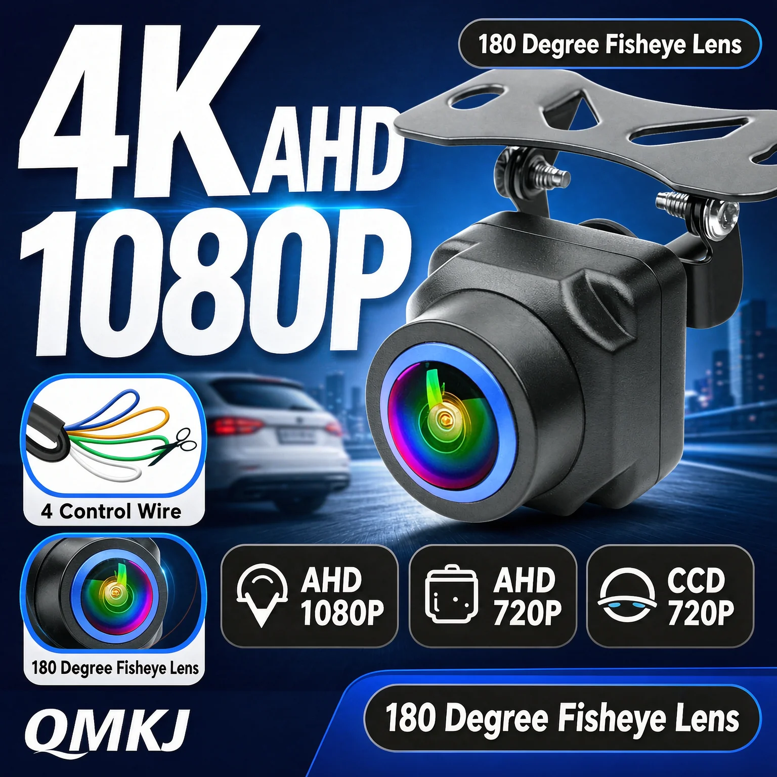 QMKJ 5IN1 AHD 1080P 720P CVBS Car Backup Camera 180 Degree Fisheye Blue Lens Waterproof Night Vision Reverse Camera