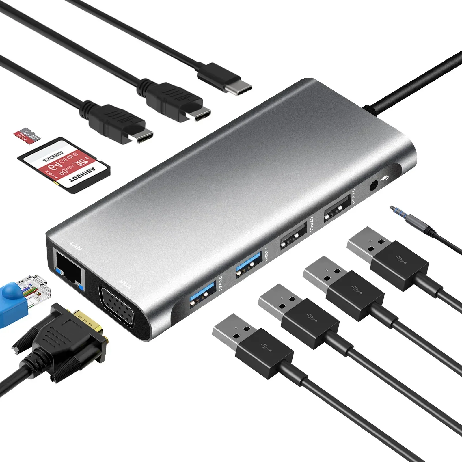 

Оригинальный новый! Адаптер USB-док-станции типа c-концентратора 12 в 1 с USB 3.0 HDMI VGA RJ45 Ethernet SD/TF Audio OTG для ноутбука
