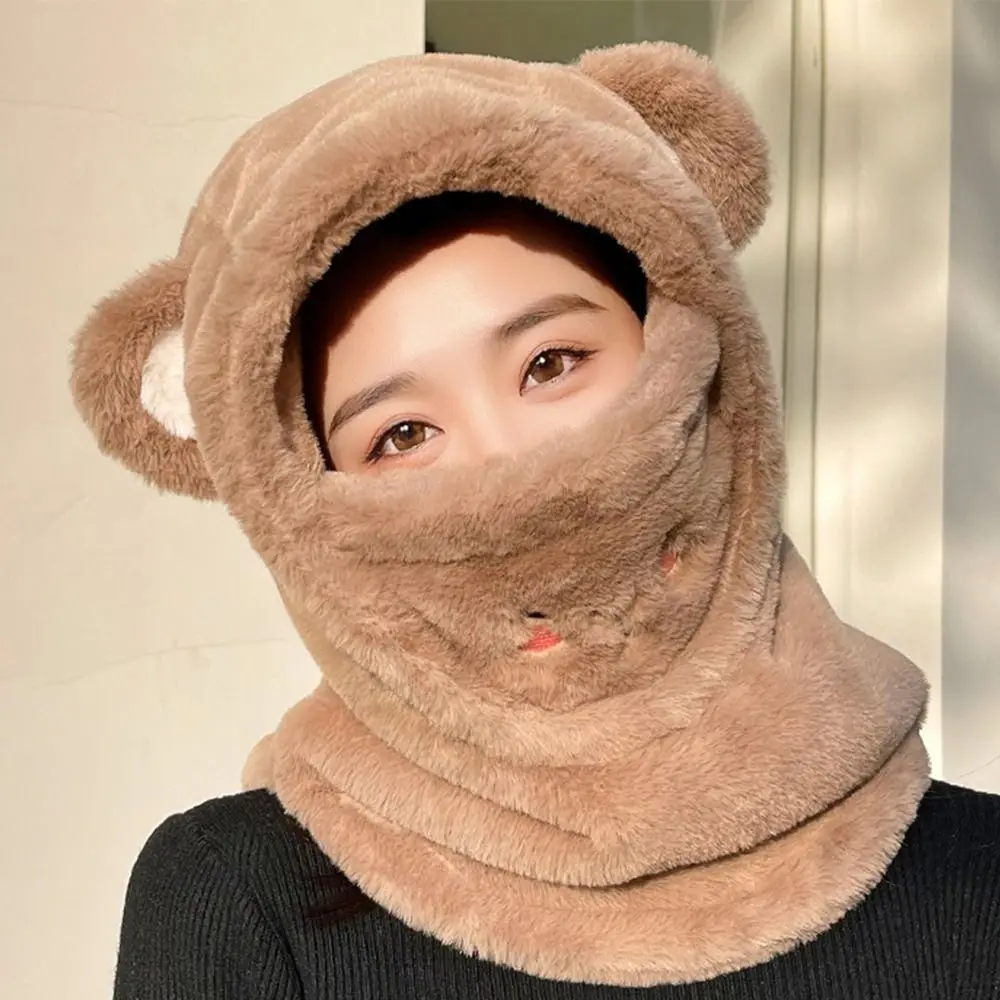 Cute Bear Warm Pullover Hat Anti-freezing With Mask Scarf Hat Plush Mask Scarf Hats Winter