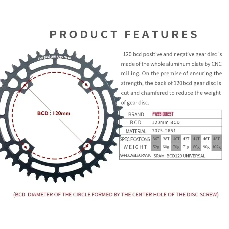 PASS QUEST 120BCD Round 36T 38T 40T 42T 44T 46T 48T Narrow Wide Chainring Road Bike Chain Wheel For Universal 120 BCD Crankset