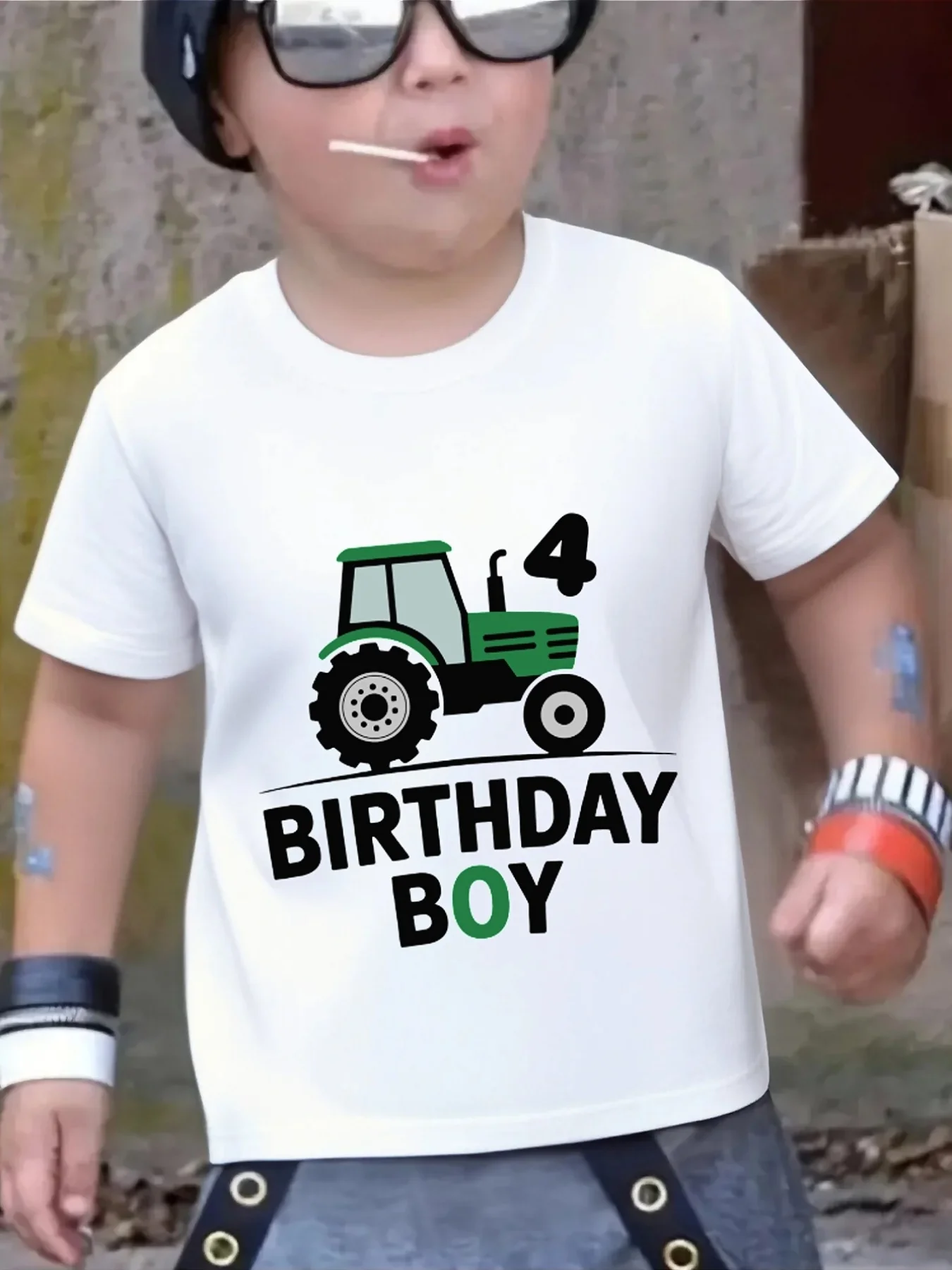 Pink Tractor 4Th Birthday Boy Letter Graphic Print Family Matching Short Sleeve Tee Boys Girls Kids Birthday Casual Tops