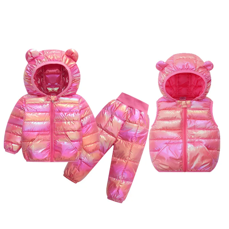 Autumn Winter Children Clothing Jacket Vest Pants Thickened Kids Clothing Set Kids Down Jacket Ears Three-piece Set Boys Girls