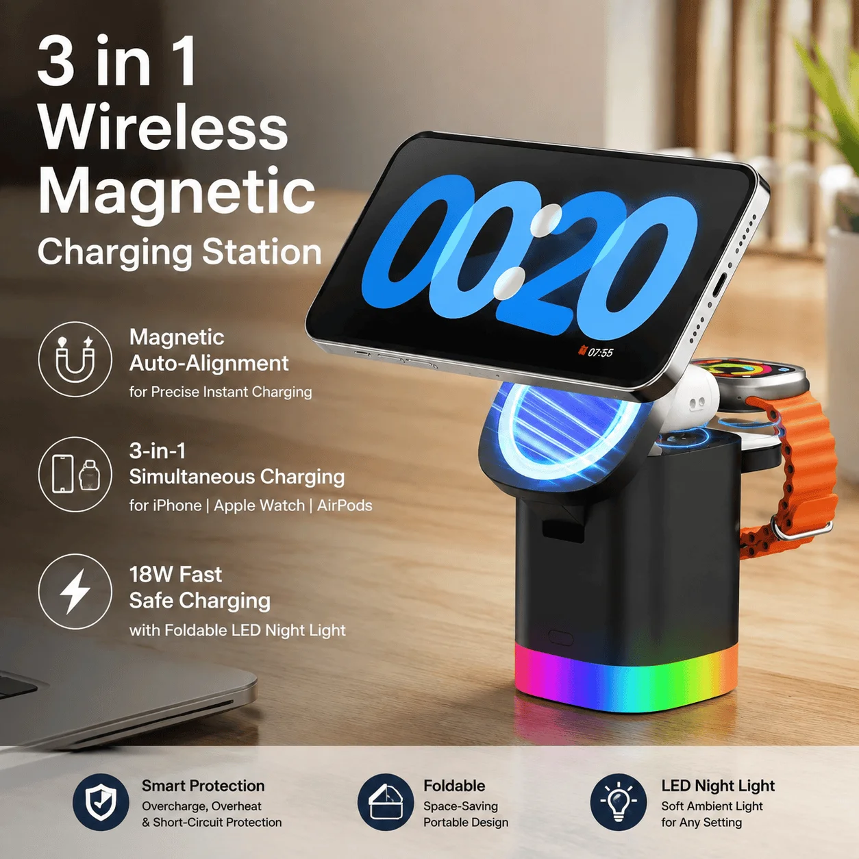 Magsafe Charging Station 3 In 1 Magnetic Wireless Charger Iphone Apple Watch Airpods Fast Charging Stand Portable Travel Dock