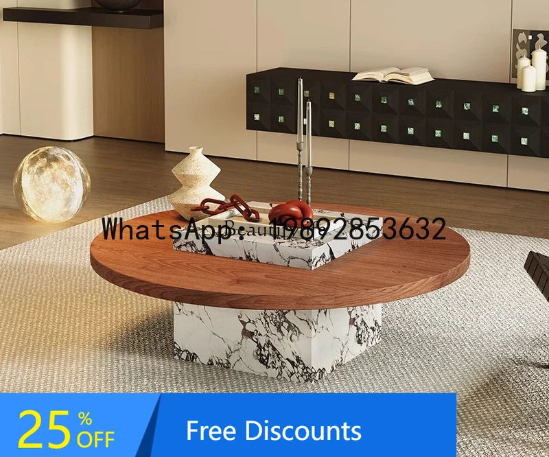 

CC Medieval black round solid wood coffee table French retro style marble rock slab round coffee table