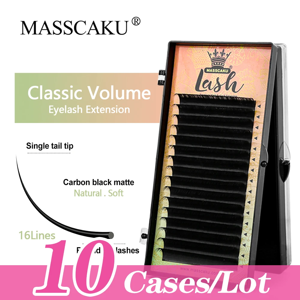 

10cases/lot MASSCAKU Matte Black Classic Eyelashes Extension 16 Lines C D Curl Handmade Silk Soft Individual False Lash Supply