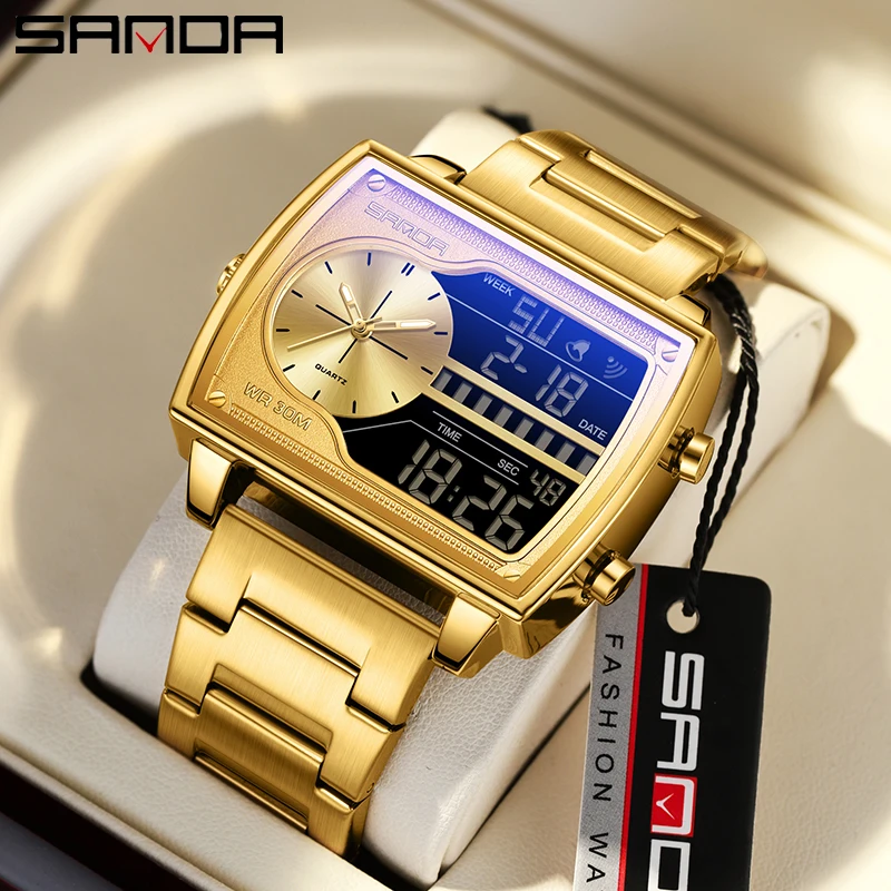 SANDA Top Brand Men's Quartz Watch Fashion Square Watches Countdown Sports 3Bar Waterproof Dual Display LED Men's Digital Watch