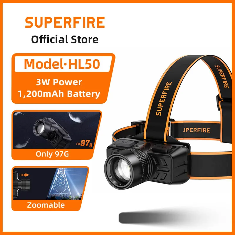 SUPERFIRE HL50 Zoomable Led Headlamp 7500K USB Rechargeable Headlight With 4Modes Outdoor Camping Fishing Head Flashlight