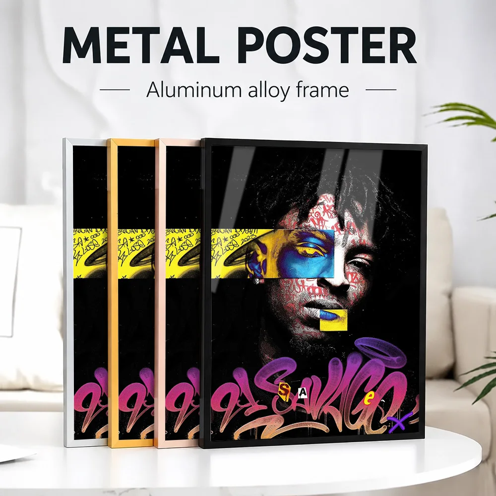 21 Savage Rapper Music Framed Aluminum Metal Poster Customized Photo Classic Recording Style Wall Art For Studio Birthday Gift