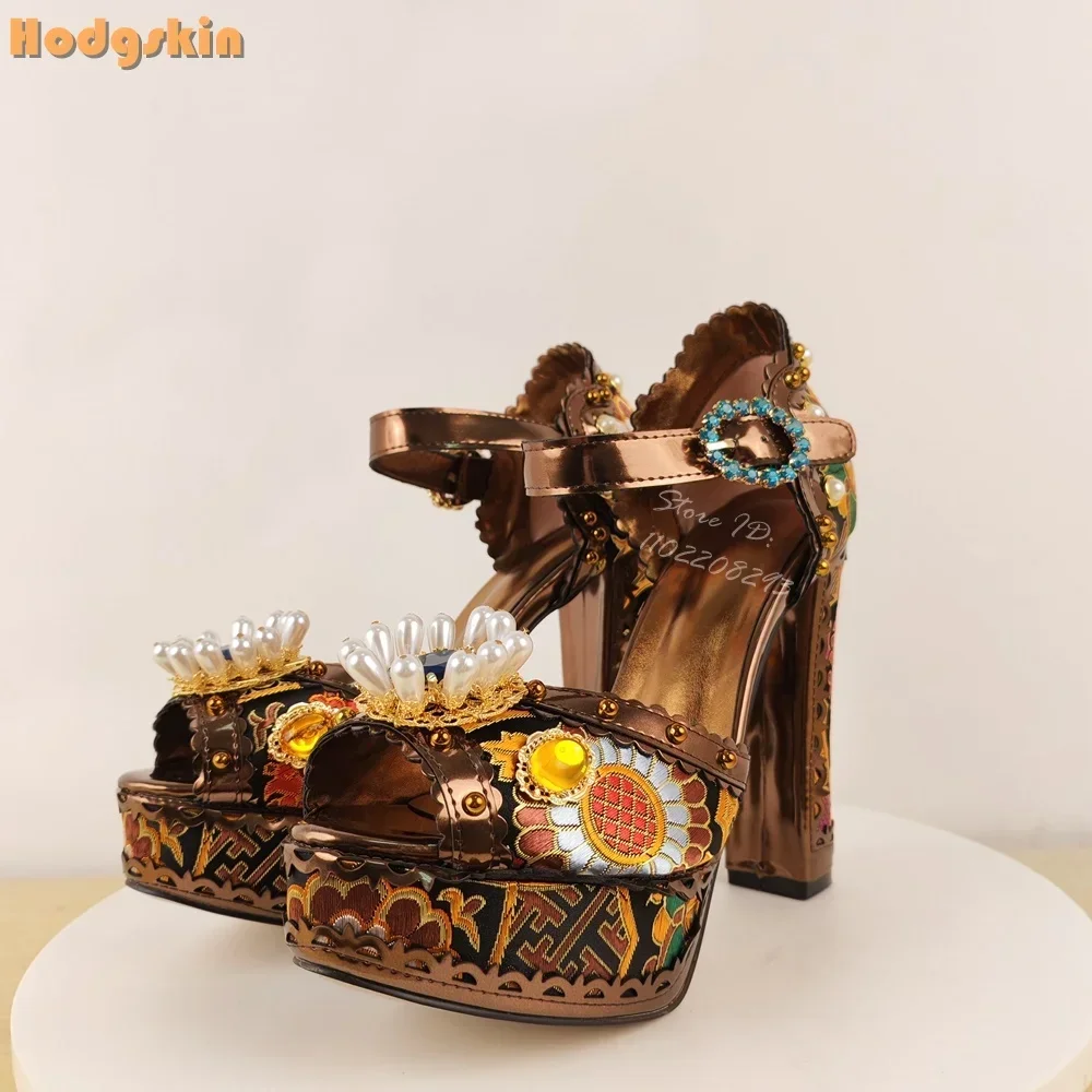 

Retro Flower Pearl Sandals Round Toe Crystal Buckle Straps Platform Square Heels 2025 Spring Women Party Dress Shoes Ethnic Styl