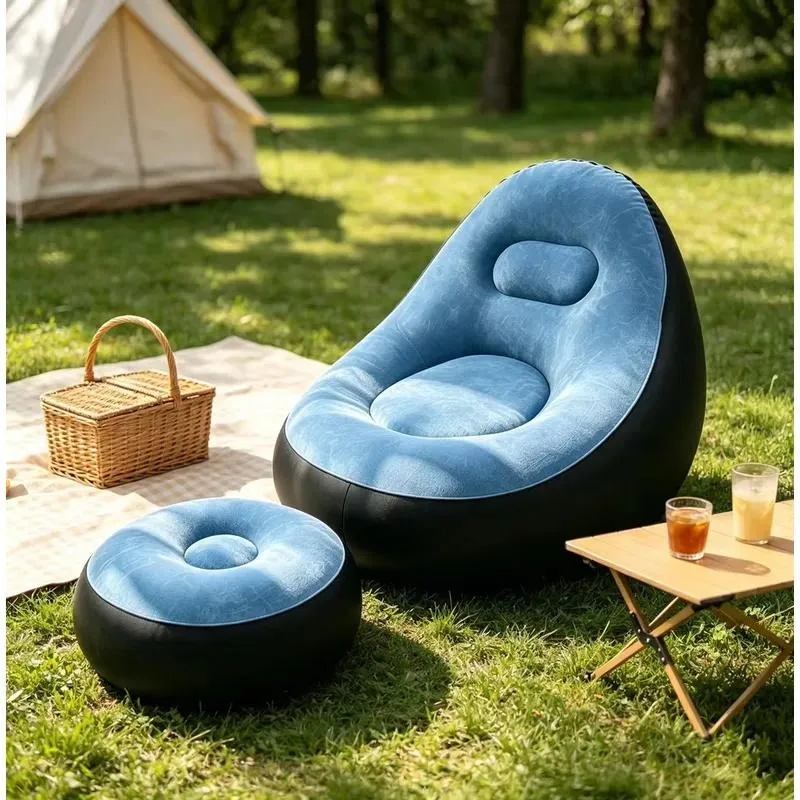 Inflatable Chair with Ottoman, Portable Blow Up Single Air Sofa with Footstool, Cup Holder and Repair Patches, Indoor Outdoor