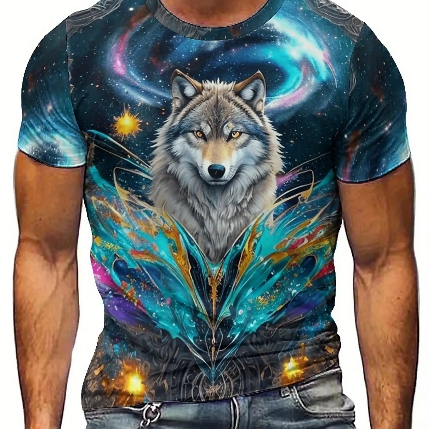 Camiseta de manga curta com estampa 3D de lobo legal e universo estrelado de fantasia, poliéster, macio e respirável