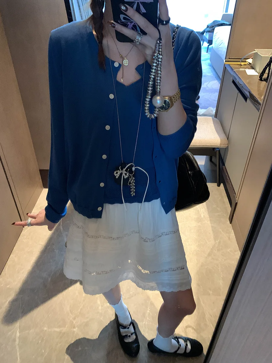 

Spring women's casual solid color curled V-neck knitted camisole two-piece set