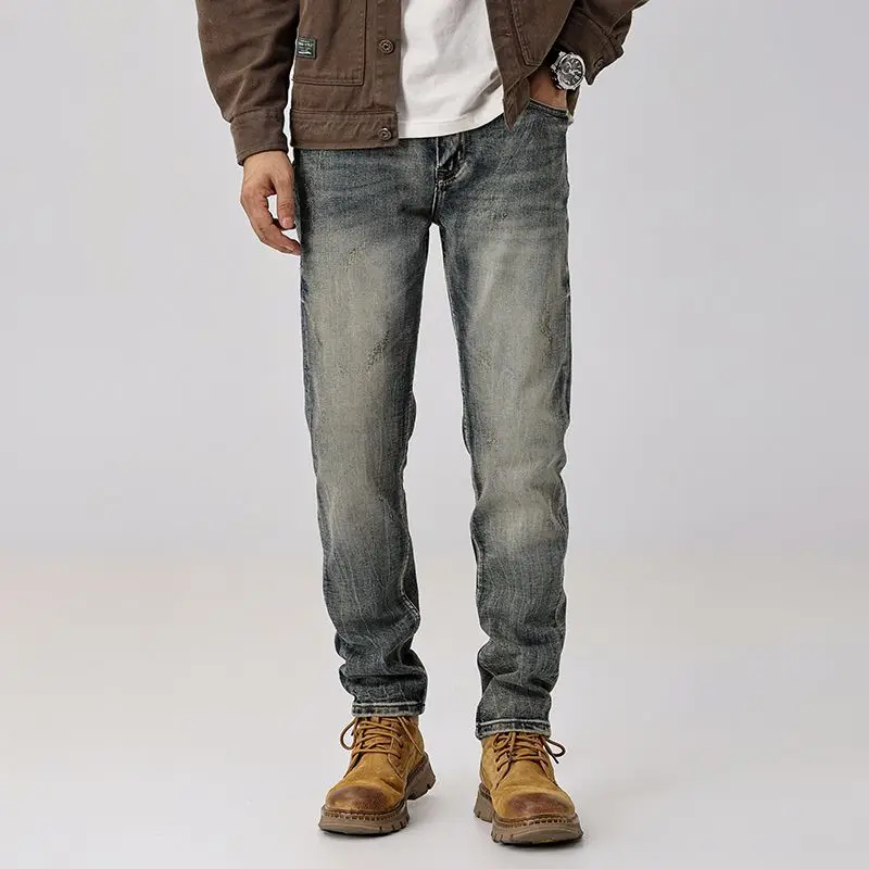 Celana Jeans Denim Distressed Washed untuk Pria |   Celana Slim Tapered Fit dengan Detail Rip Patch Gaya Retro Amerika Streetwear Musim Gugur Trendi