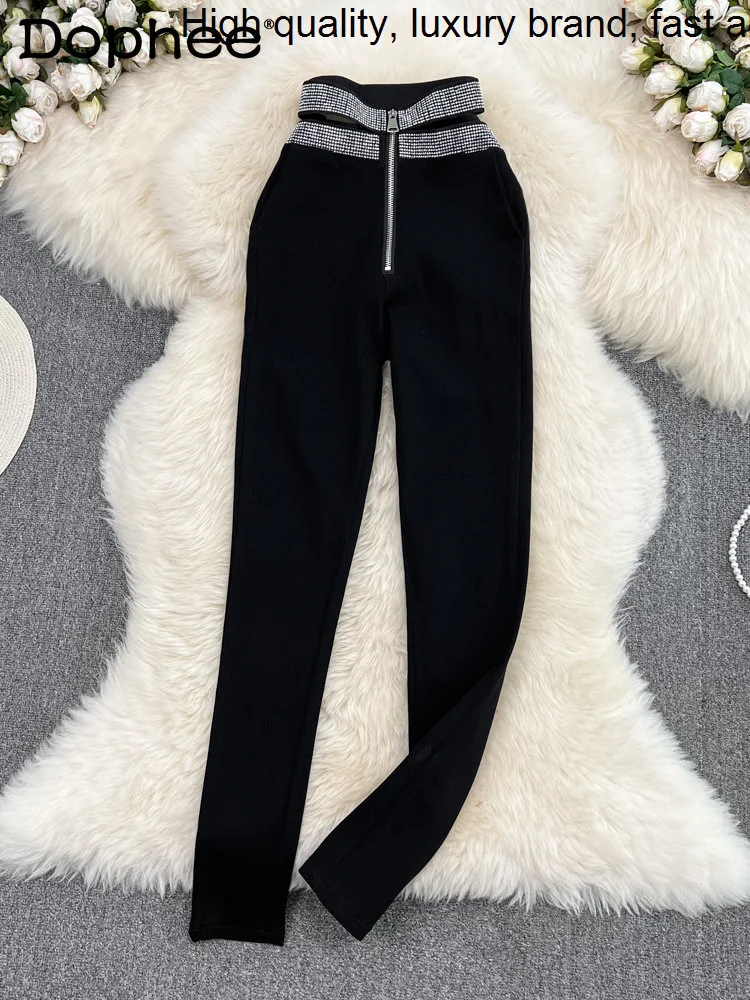 Black Exquisite Rhinestone Casual Women Sexy Hollow-out High Waist Elastic Slim Fit Skinny Versatile Leggings Pants