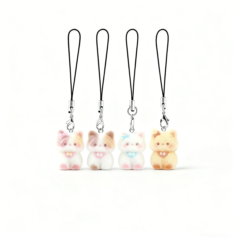 Flocking Animal Cat Pendant Keychain Cute Bag Earphone Case Decorstion Car Keyring Jewelry Gift Accessories Phone Chain Lanyard