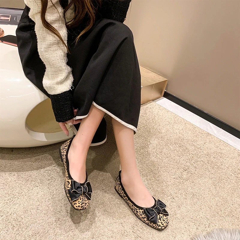 Bow Leopard Shallow Mouth Slip Womens Dress Casual Shoes Soft Leather Dress Flat Shoes Single Shoes