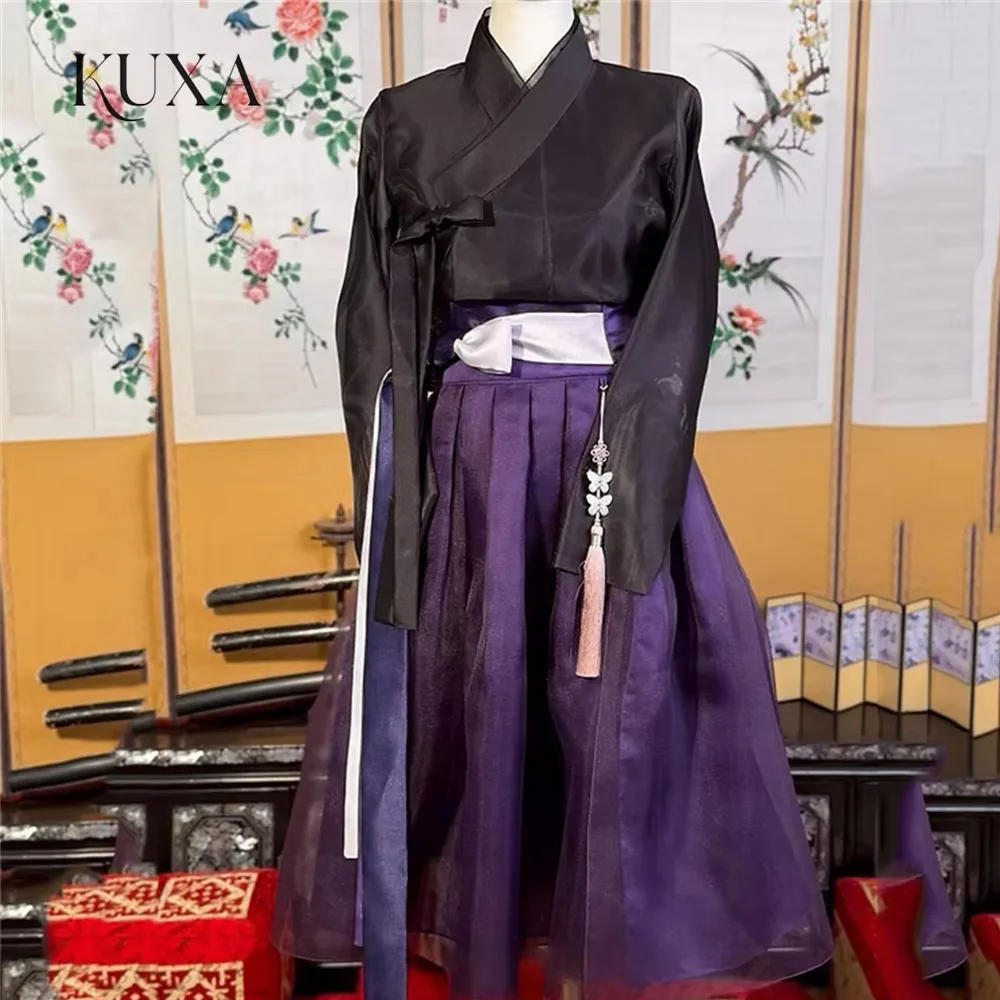KUXA 2027 Vintage Black Purple Hanbok Korean Performance Dress Full Sleeves Mini Skirt Customized 한국인 리뷰 많은 웨딩드레스