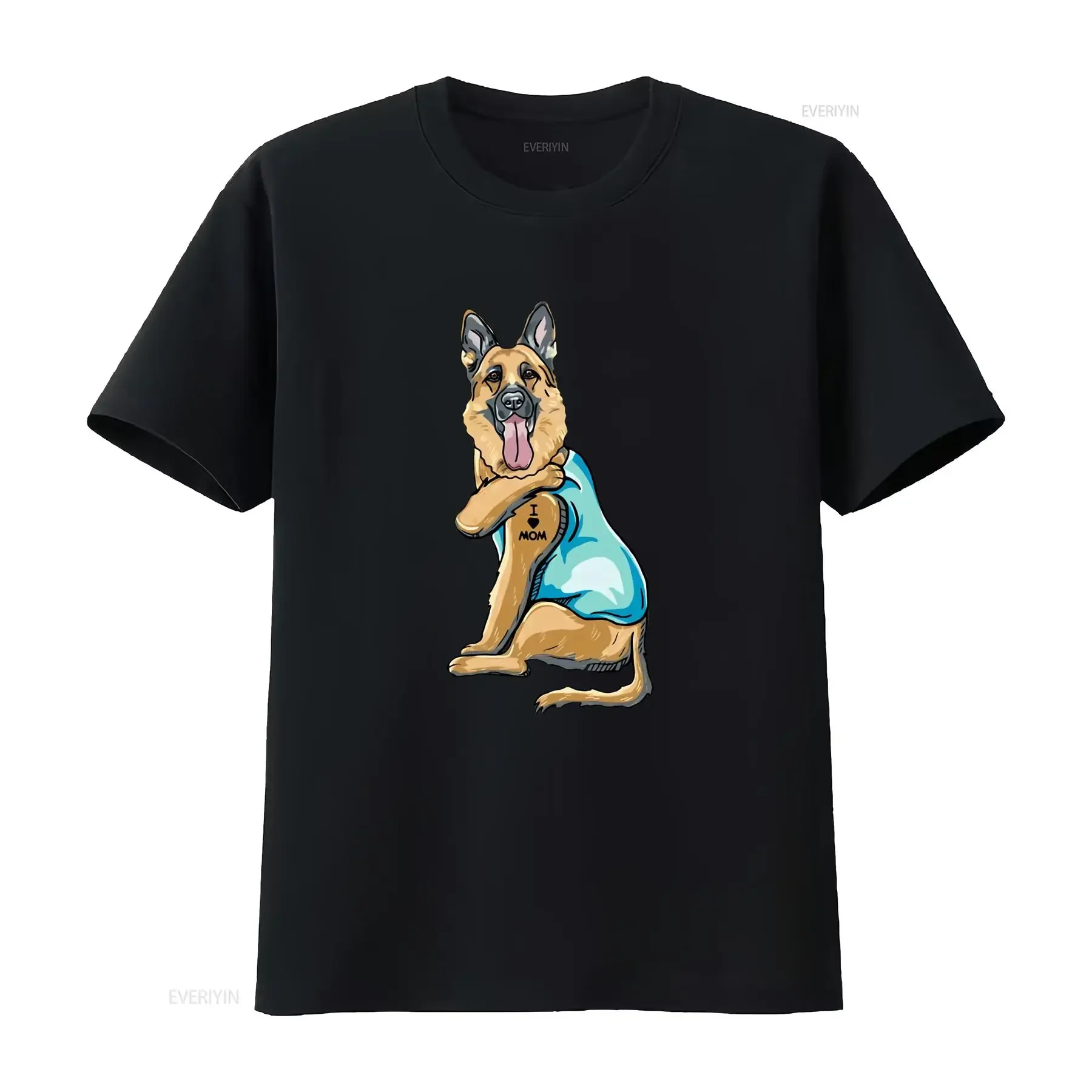 Funny Cartoon German Shepherd I Love Mom Tattoo Print Casual T Shirt vintage Washed homme graphic designer clothes Stylish