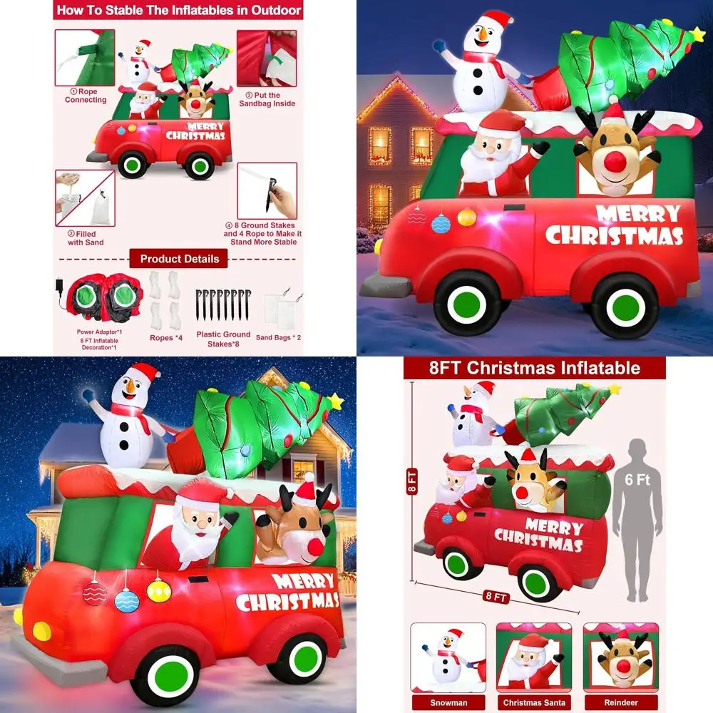 

LED-Illuminated Santa's Truck with Reindeer & Snowman Inflatable Christmas Decorations, Outdoor Lawn and Garden Holiday Decor