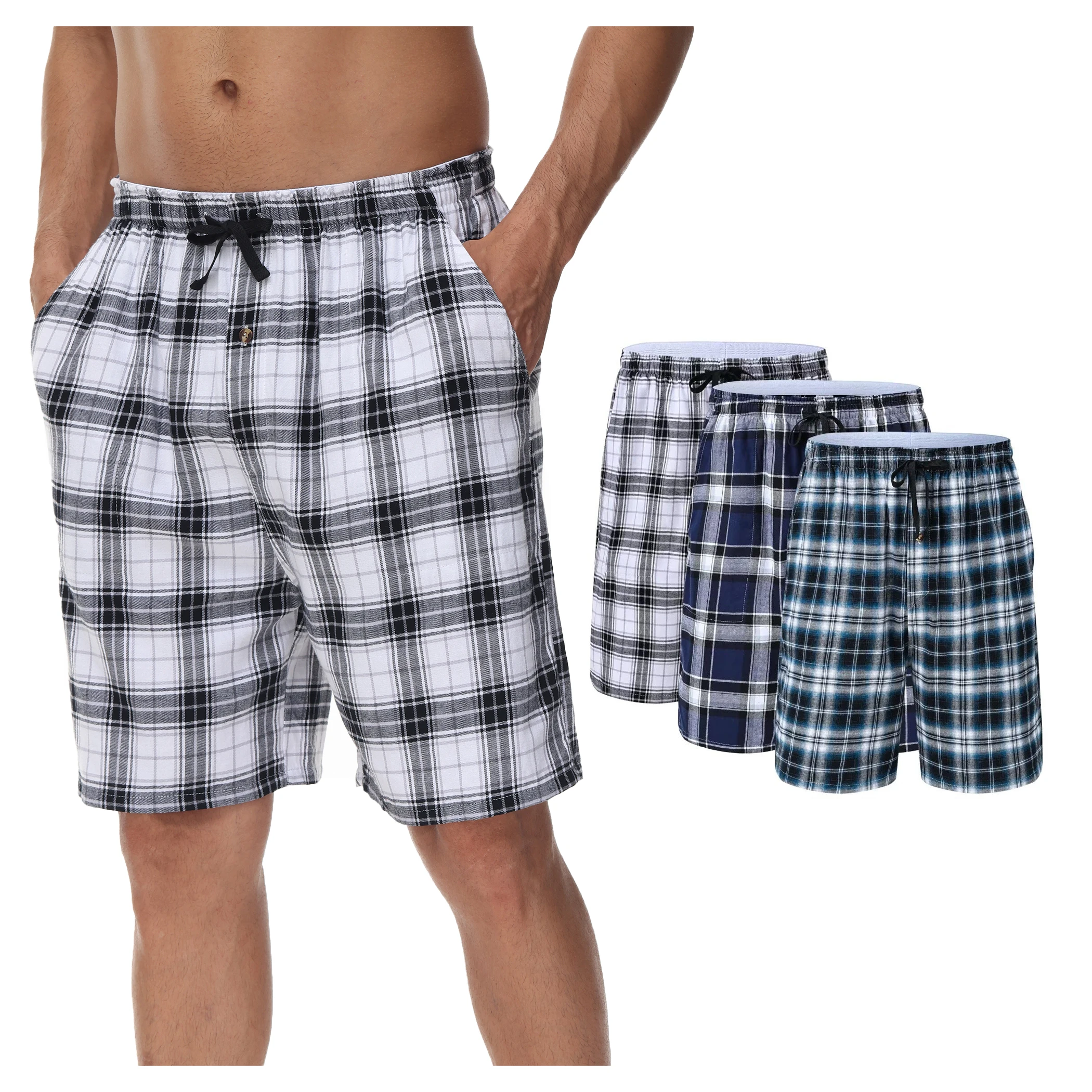 Conjunto de calças de pijama xadrez masculino, calção de dormir elástica, roupa caseira macia e aconchegante, 100% algodão, 3 peças