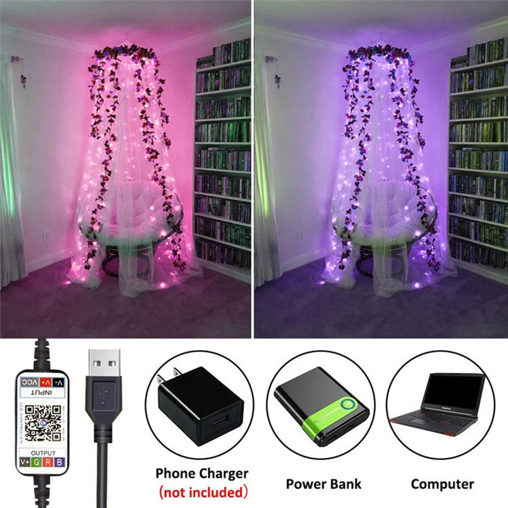 LED Christmas Tree String Lights, Bluetooth Fairy Lighting Strings, USB Guirlanda Light, Decoração de Festa de Casamento, 2m, 5m, 10m, 15m, 20m