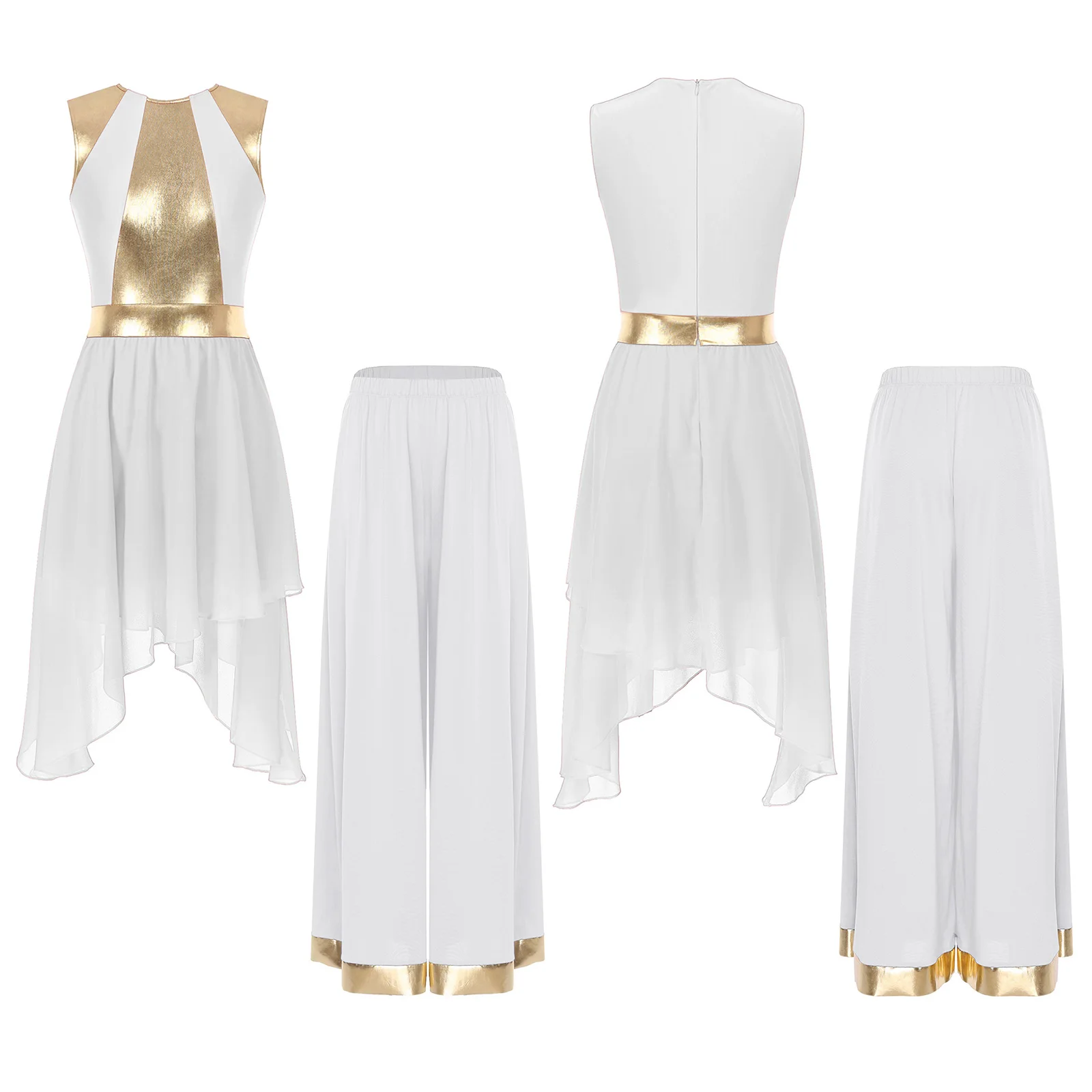 إمرأة لامع لامع المرقعة الغنائية الرقص الزي بلا أكمام فستان غير منتظم بنطال ذو قصة أرجل واسعة العبادة للرقص الحديث