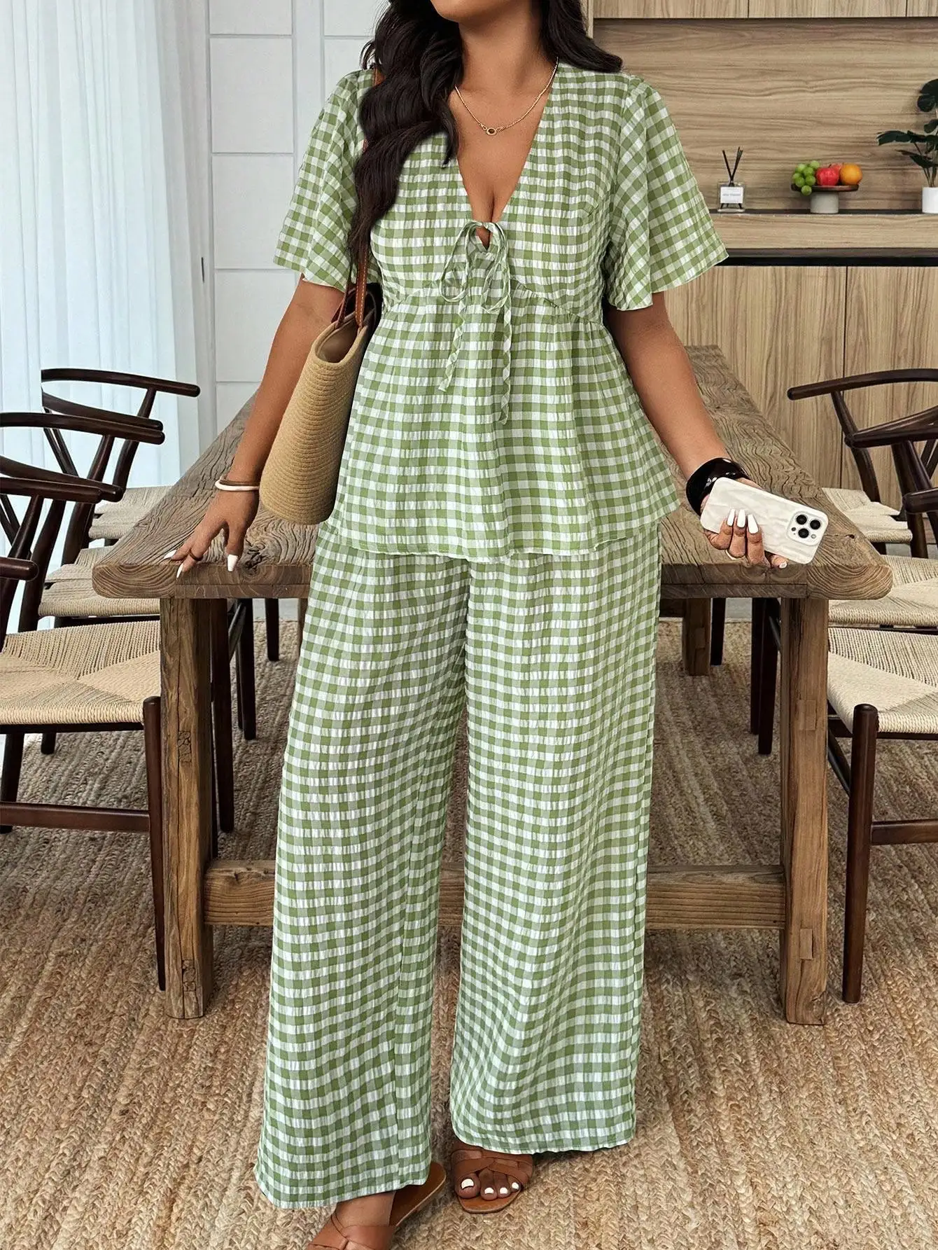 

Green Gingham 2 Piece Set: Tie Front Short Sleeve Top And Wide Leg Pants