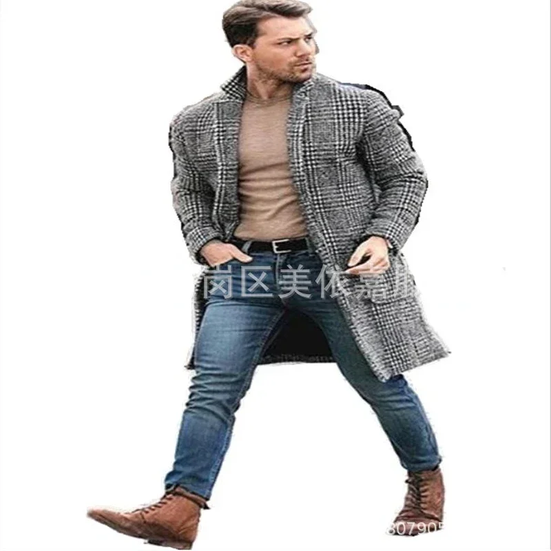 2023 Autumn Winter Luxury Tweed Coat Men Long Sleeve Trench Coat Plaid Vintage Slim Mid-length Windbreaker Brands Outerwear