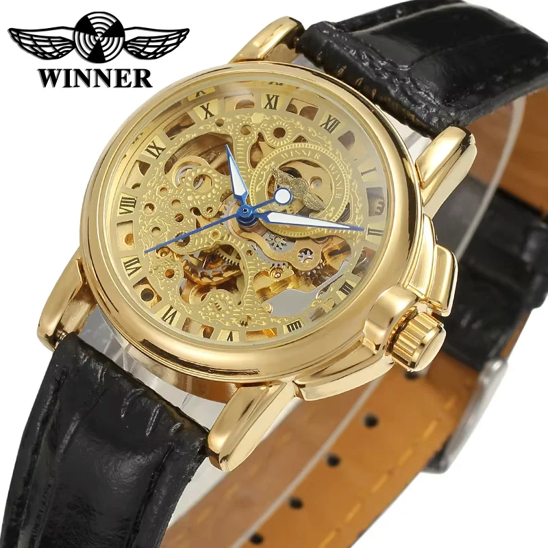 WINNER Luxury Fashion Casual Gold Openwork Dial Blue Pointer Black Strap Men's Automatic Wrist Watch