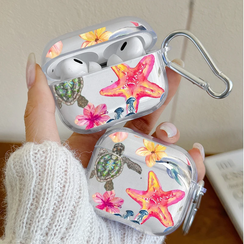 

Tropical Marine Life & Hibiscus Earphone Case for AirPods Pro3/Pro2/Pro Earbuds Case For AirPods 4/3/2/1 Clear Protective Cover