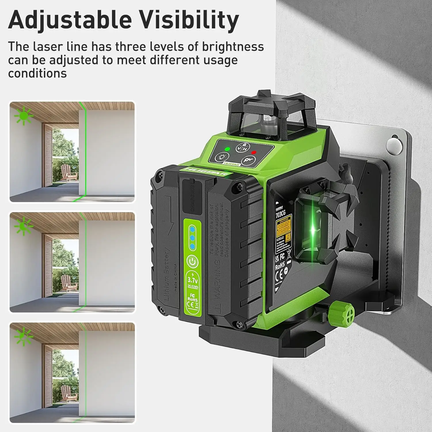 Huepar 703CG 12 Lines 3D Laser Level Self-Leveling Cross Line Green Level Adjust Bright Alignment Laser Tool with Li-ion Battery