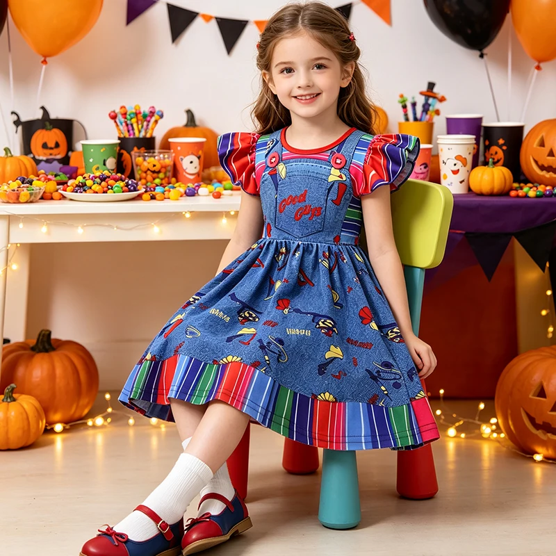 Kleinkind Mädchen Chucky Kostüm Kleid Child's Play Cosplay Outfit Kinder Flügelärmel Gestreiftes Halloween Karneval Party Faschingskostüm – Detail 3