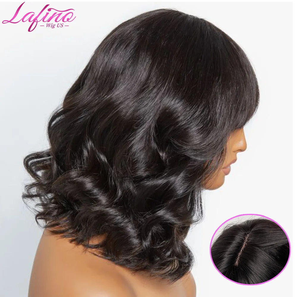 

Lafino Wig Body Wave Short Bob Human Hair Wig With Bangs 3x1 Lace Glueless Full Machine Made Wig Brazilian Water Wave Bob Wigs