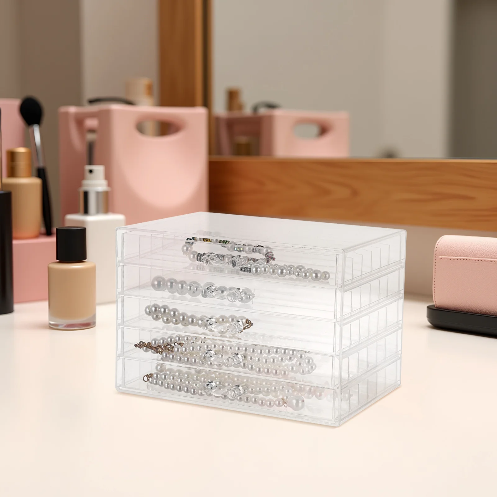 5 Drawer Necklace Holder Organizer Clear Jewelry Storage Box Organizer for Women Girls Necklace Pendant Display Case