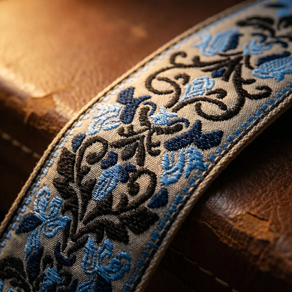 Boho Embroidered Guitar Bass Strap Thickened Widened Brown Leather End Shoulder Sling for Acoustic Folk Electric Guitar