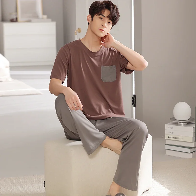 Long Modal Men For Men's Set Summer Short-Sleeve Wear Pajamas Tops Soft Suits Sleepwear Simple Fashion + Home Nightwear Pants