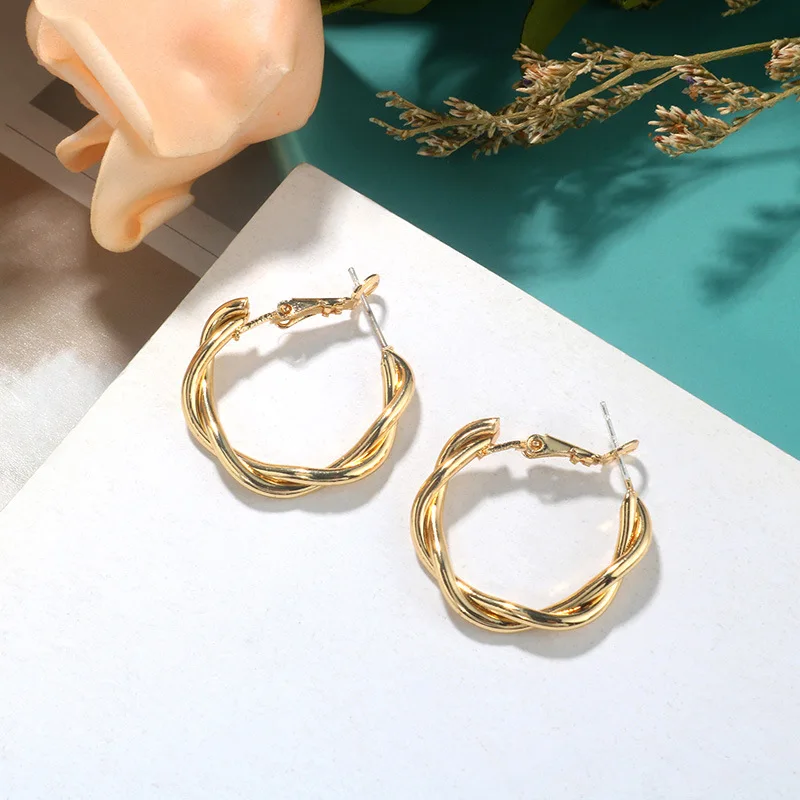 New Twist Round Hoop Earrings for Women European Gold Color Metal Punk Loop Jewelry Wholesale Girl Gift