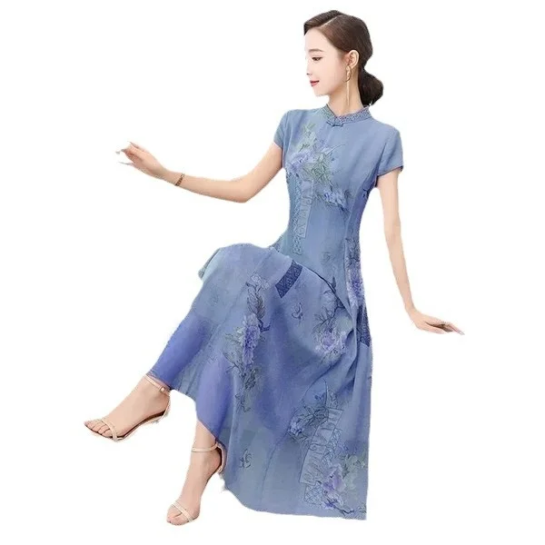Abito Estivo da Donna Ele Slimming Dr, Collo Tondo, Maniche Corte, Motivo Floreale, Lunghezza Media, Stile Cinese