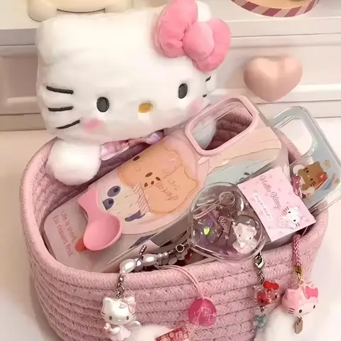 Japanese Kawaii Hello Kitty Storage Basket Cute Harajuku Charm Cosmetics Toys Storage Box Bedroom Decoration Birthday Gift Pink
