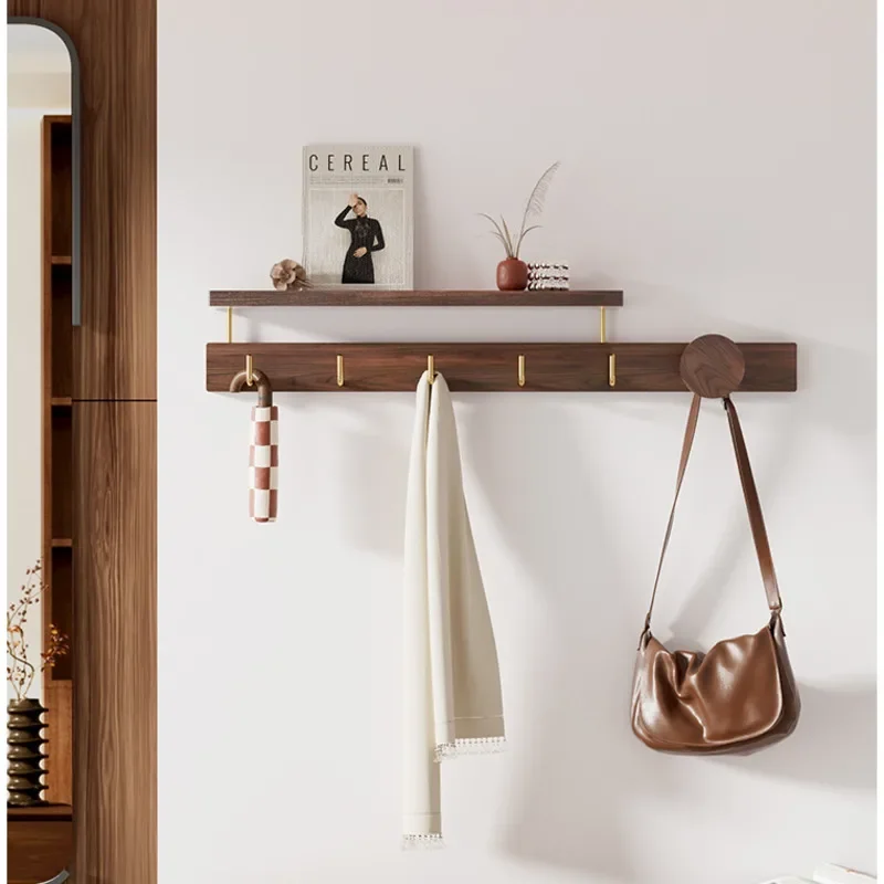 No Punching Clothes Hook Black Walnut Wood Coat Rack Creative Living Room Storage Shelves Versatile Scene Hanger For Bags