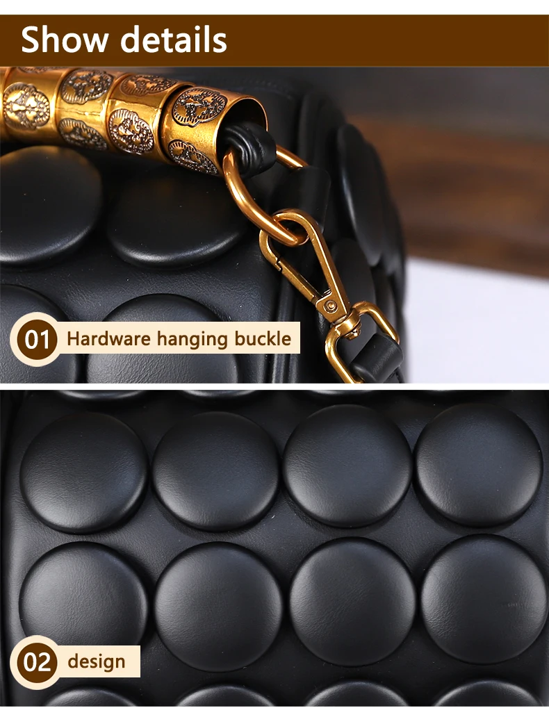 2026 Neues Design Damen Retro-Knopf-Lederhandtaschen Luxuriöse High-End Runde Röhrenförmige Bucket Bag Neue Mode Schulter-Umhängetasche – Detail 14