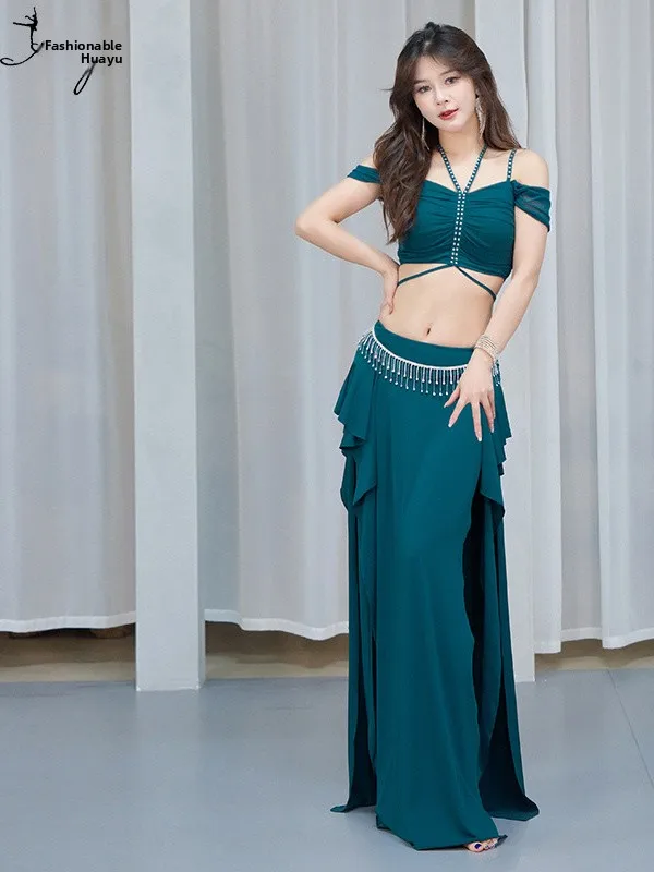 Sexy Belly Dance Practice Suit Long Skirt Set with Hotfix Rhinestones Performance Costume Eastern Dance Women's Ethnic Fashion