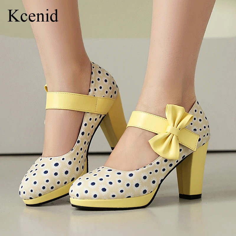 

Kcenid Women's Large Size 48 Platform Mary Janes Round Toe Polka Dot High Heel Pumps with Sweet Bowknot Strap Party Lolita Shoes