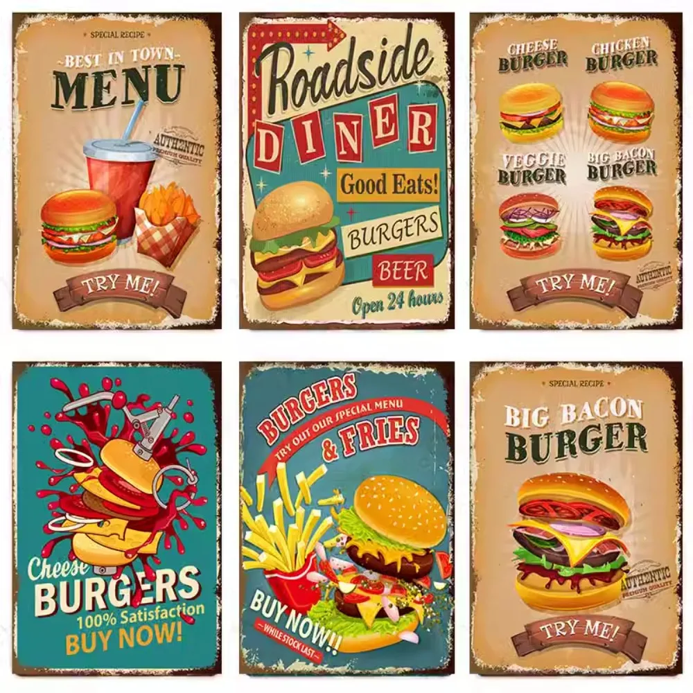 6pcs Vintage Burger Metal Sign Set - Classic Burger and Fries Design, 