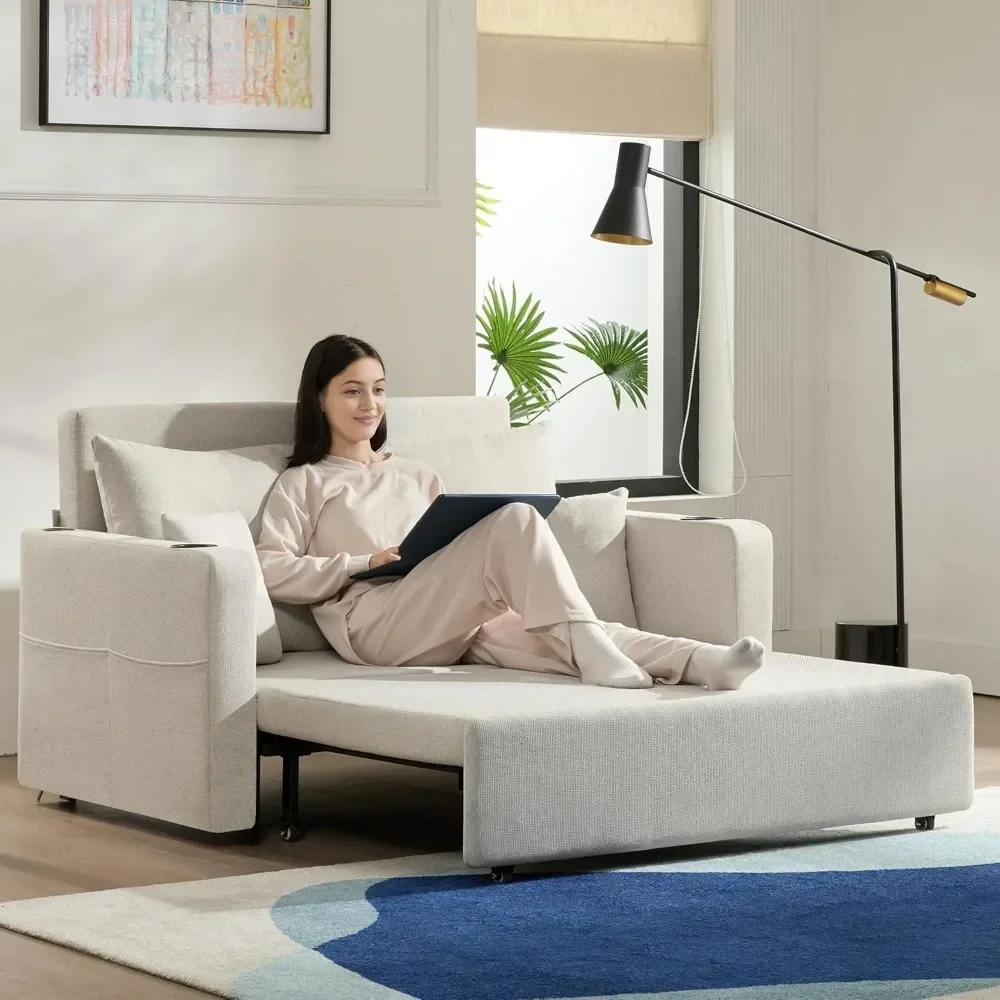 أريكة قابلة للسحب 3 في 1، سرير أريكة قابل للتحويل مقاس 56 بوصة، مقعد مع حاملات أكواب، جيوب تخزين، USB، أرائك أريكة لـ L