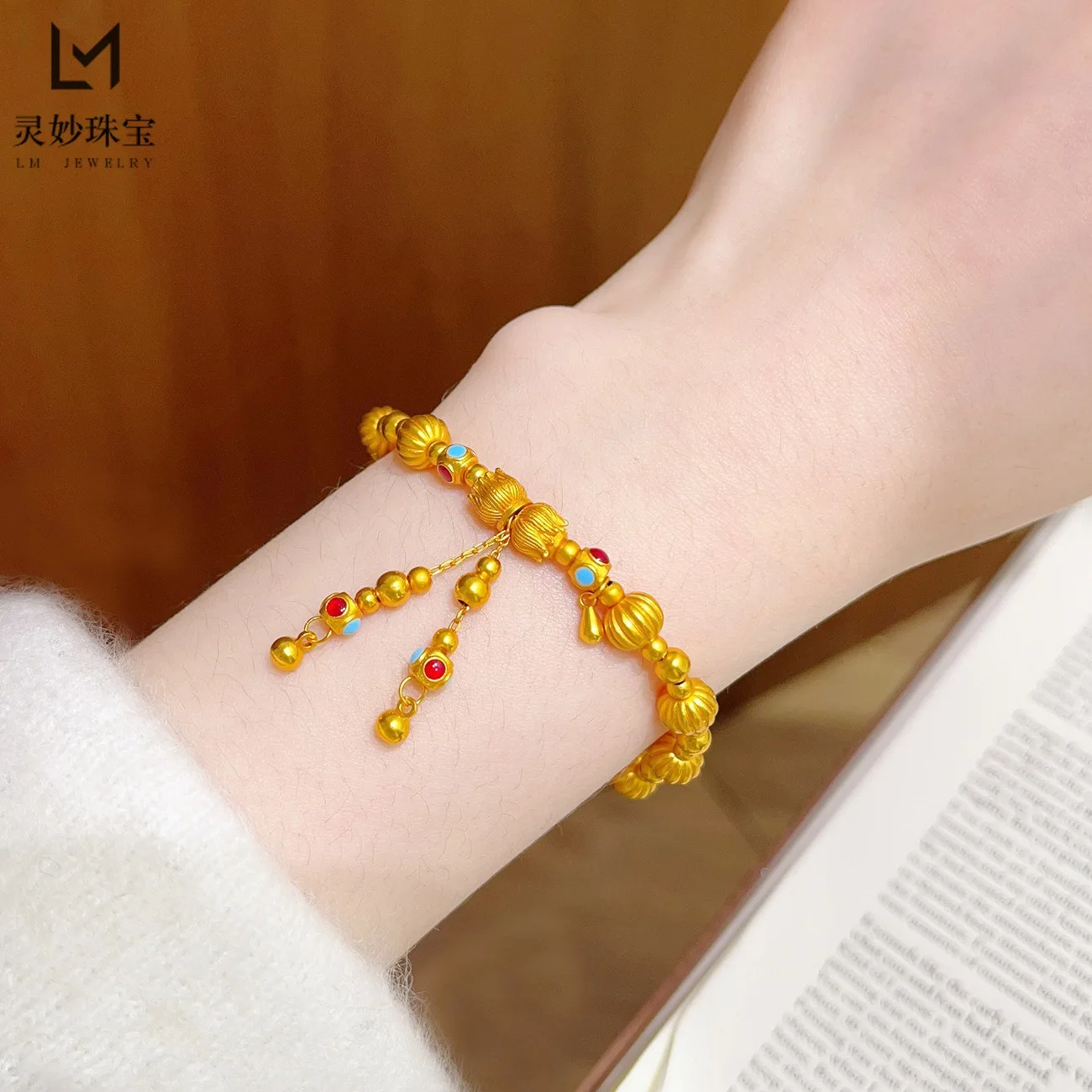 Sturdy & Durable Cloisonne Twin Lotus Pumpkin Bead Tassel Bracelet For Women 24K Gold AU999 | Solid craft, not easy to deform